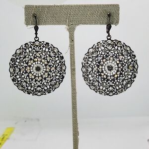 Catherine Popesco Large Silver Tone Opal Bling Filigree Lacy Medallion Earrings